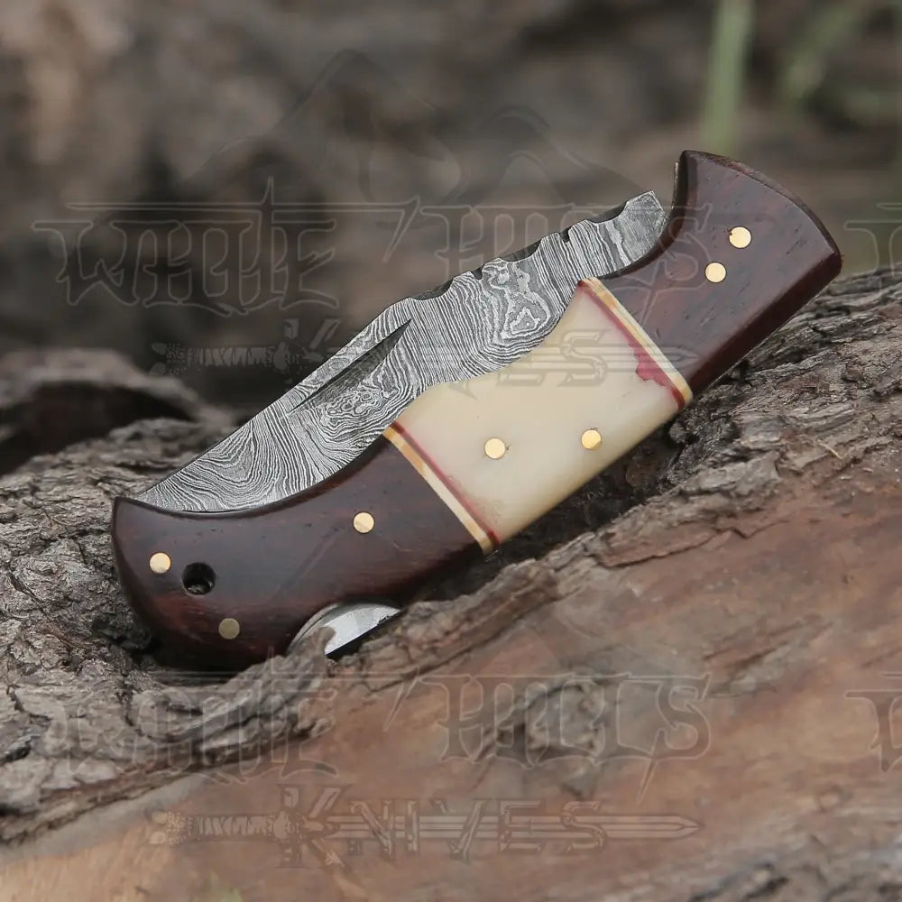 Custom Hand Made Forged Damascus Steel Folding Knife Wood & Bone Handle WH 2842