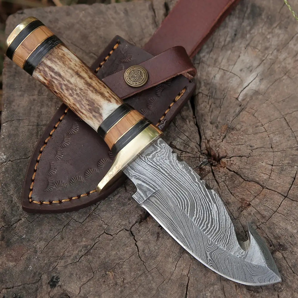 Custom Hand Made Forged Damascus Steel Gut Hook Hunting Knife With Stag Handle WH 3749