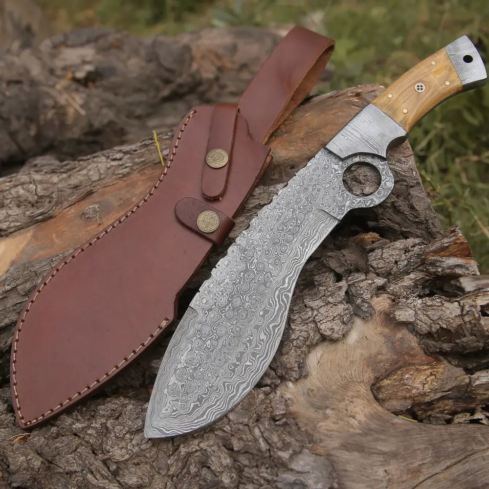 Custom Hand Made Forged Damascus Steel Hunting Kukri Knife Damascus Bolster Olive Wood Handle WH 2254