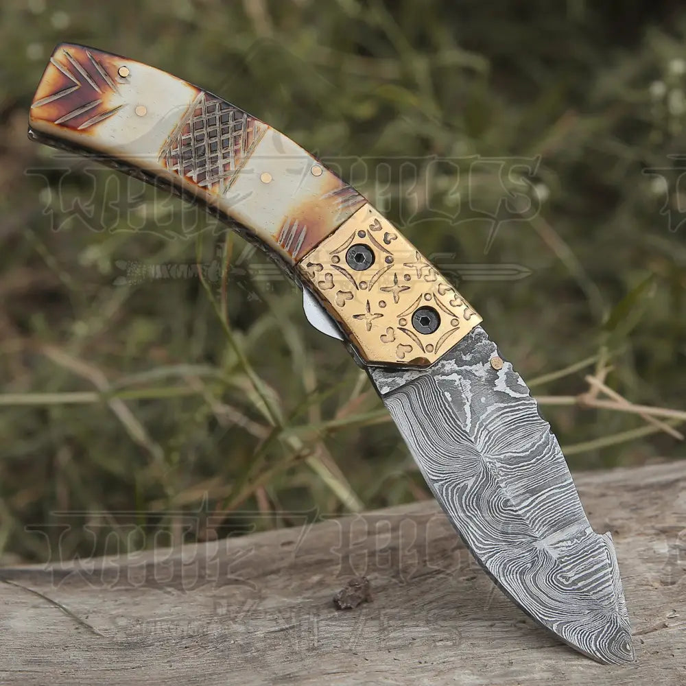 Custom Handmade Damascus Steel Folding Blade Pocket Knife With Engraved Camel Bone Handle WH 3862