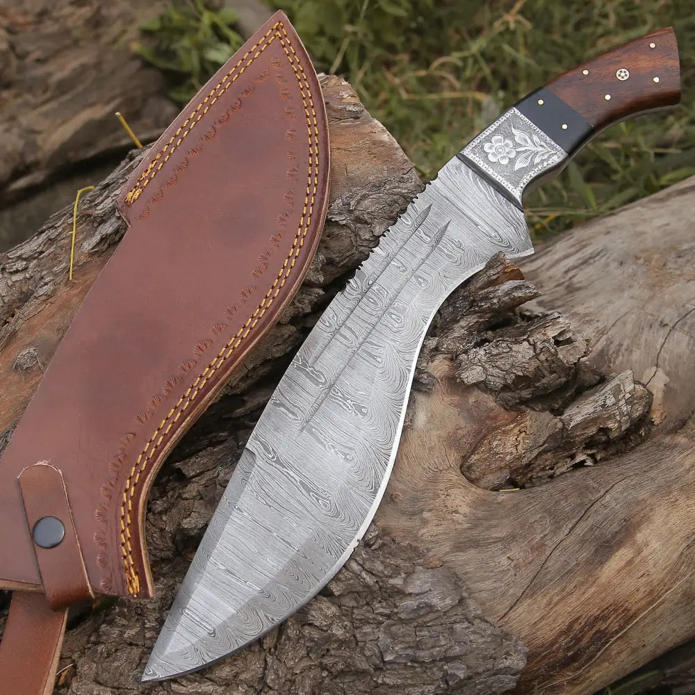 Custom Handmade Forged Damascus Steel Survival Hunting Bushcraft Kukri Knife EDC 12” With Cocobolo Wood Bull Horn & Engraved Bolster Handle WH 3895