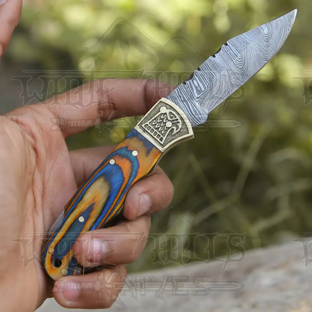 Customs Hand Made Damascus Steel Hunting Folding Knife Brass Bolster With Colored Wood Handle WH 2593