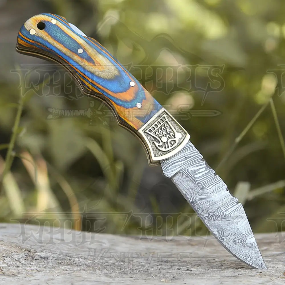 Customs Hand Made Damascus Steel Hunting Folding Knife Brass Bolster With Colored Wood Handle WH 2593