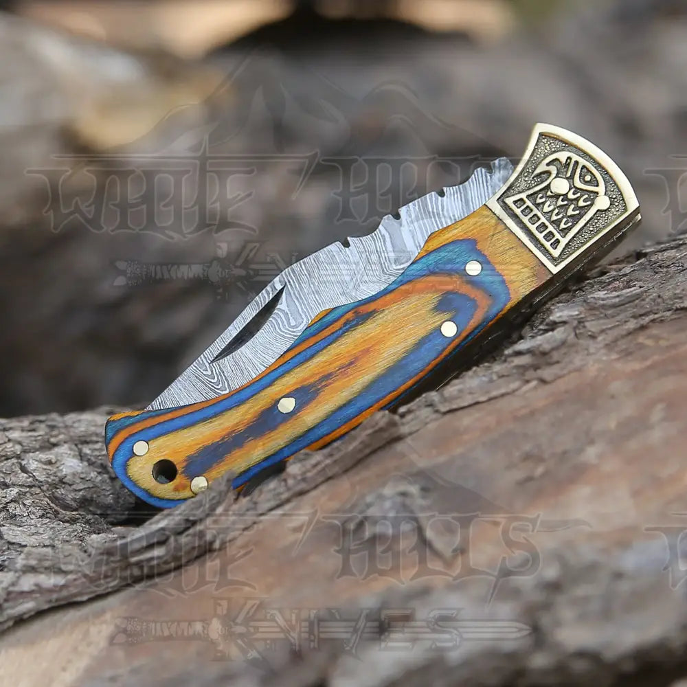 Customs Hand Made Damascus Steel Hunting Folding Knife Brass Bolster With Colored Wood Handle WH 2593