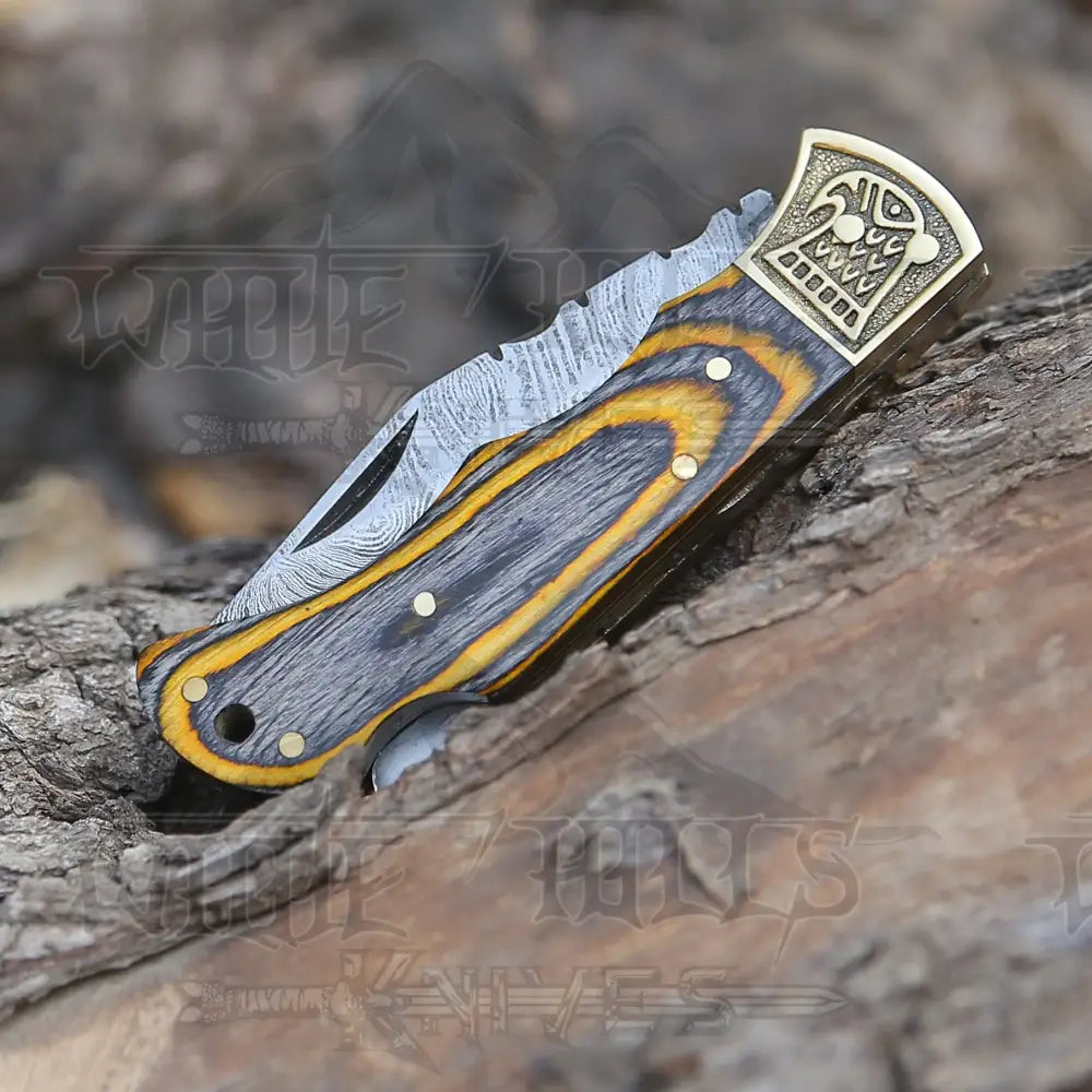 Customs Hand Made Damascus Steel Hunting Folding Knife Brass Bolster With Colored Wood Handle WH 2593