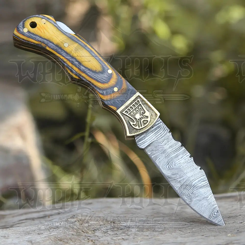 Customs Hand Made Damascus Steel Hunting Folding Knife Brass Bolster With Colored Wood Handle WH 2593