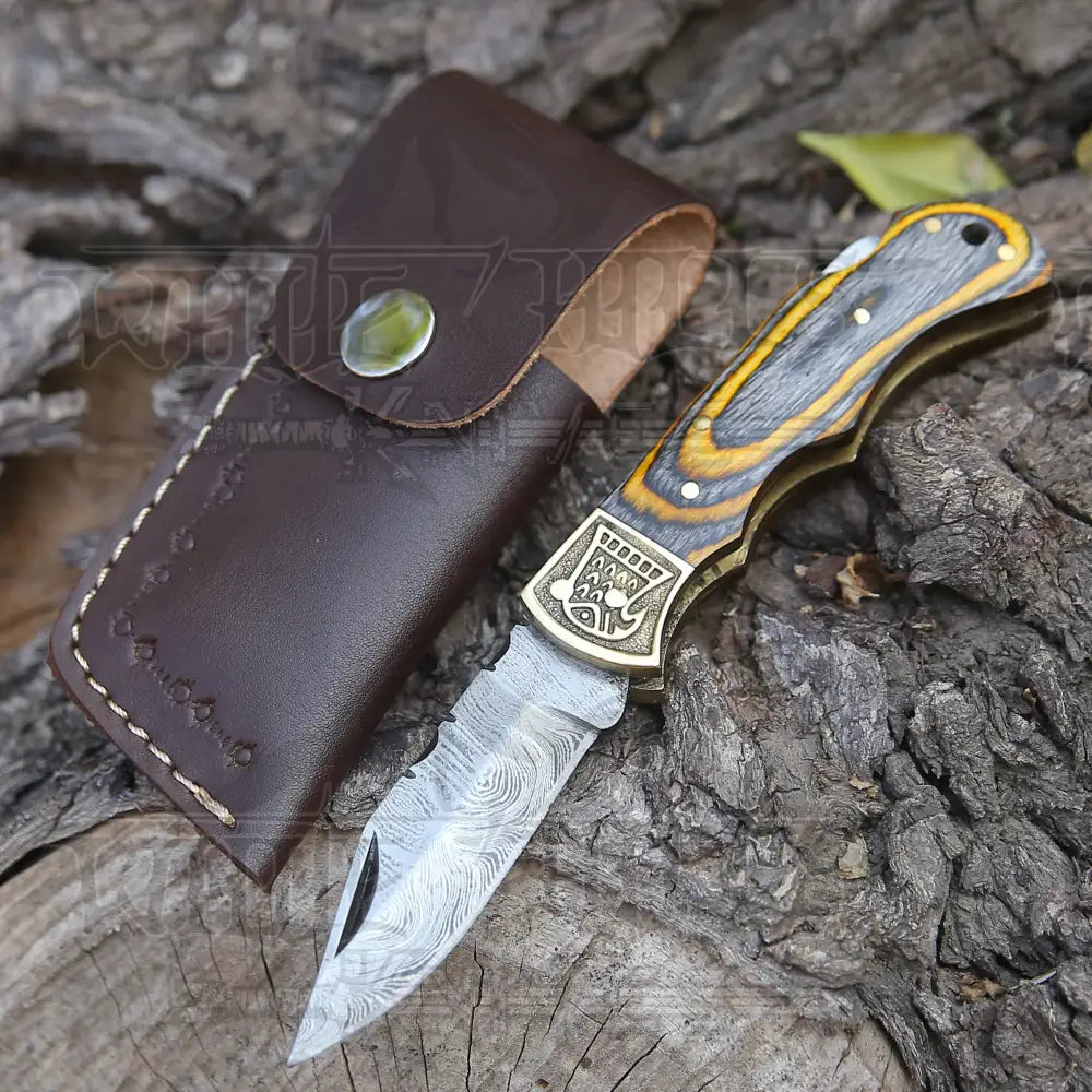 Customs Hand Made Damascus Steel Hunting Folding Knife Brass Bolster With Colored Wood Handle WH 2593