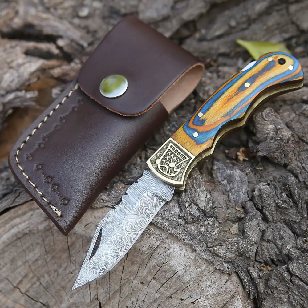 Customs Hand Made Damascus Steel Hunting Folding Knife Brass Bolster With Colored Wood Handle WH 2593