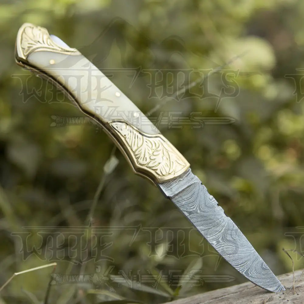 Customs Hand Made Forged Damascus Steel Folding Knife With Engraved Brass Bolster & White Bone Handle WH 2752