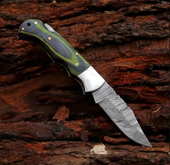 Handmade Damascus green folding pocket knife