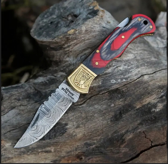 Premium Damascus steel folding pocket knife with a stained wood handle 