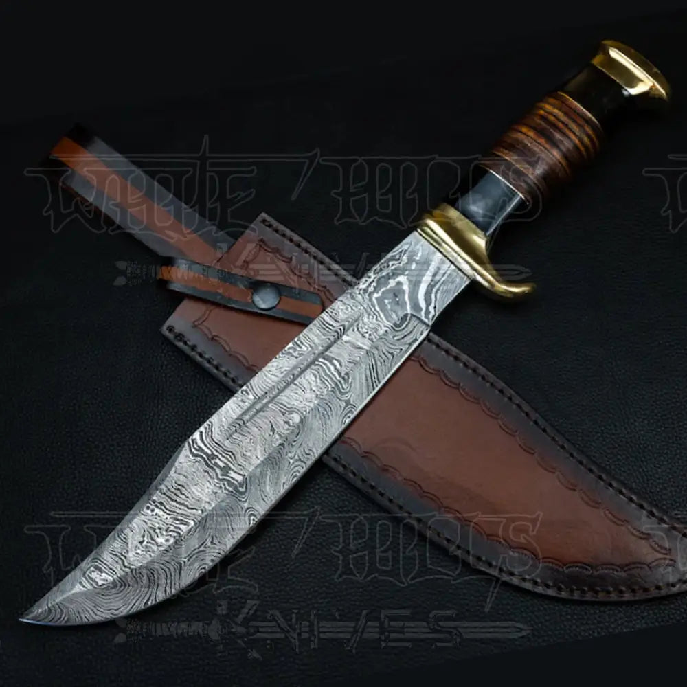 Edc Bowie Knife- Damascus Steel EDC 15”bowie knife rambo with Leather Roll & Buffalo Horn Handle