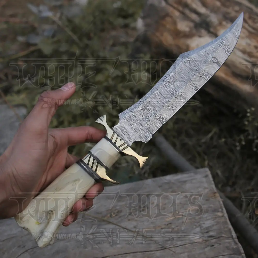 Edc Bowie Knife- Damascus Steel EDC 15” Bowie knife Rambo with Leather Sheath & Camel Bone Handle