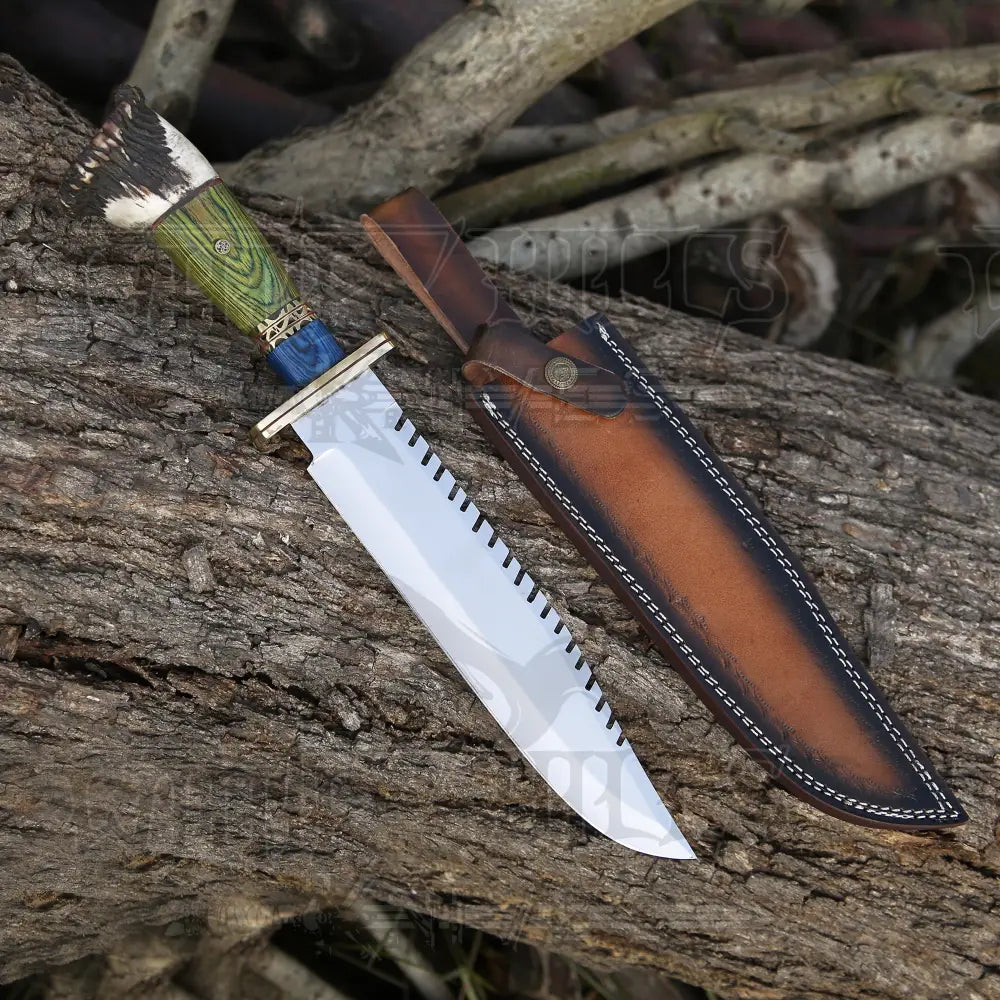 Hand Forged D2 Bowie Knife Steel Hunting Fix Blade - Stag Antler Crown & Wood Handle