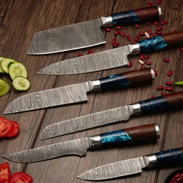 Handmade Damascus Steel Chef Knife Set,  Best Damascus Steel Kitchen Knife With Leather Cover 6 Pieces- Rosewood & Resin Handle