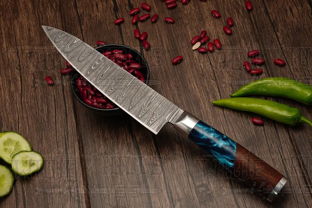 Handmade Damascus Steel Chef Knife Set,  Best Damascus Steel Kitchen Knife With Leather Cover 6 Pieces- Rosewood & Resin Handle