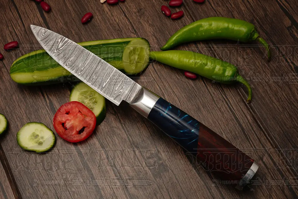 Handmade Damascus Steel Chef Knife Set,  Best Damascus Steel Kitchen Knife With Leather Cover 6 Pieces- Rosewood & Resin Handle