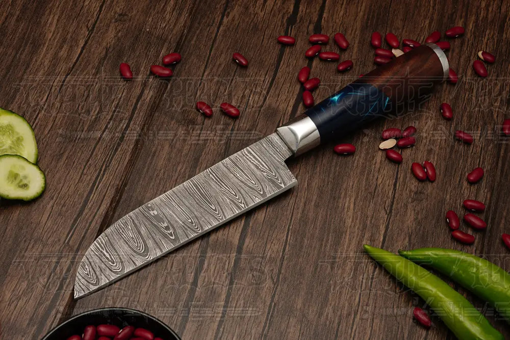 Handmade Damascus Steel Chef Knife Set,  Best Damascus Steel Kitchen Knife With Leather Cover 6 Pieces- Rosewood & Resin Handle