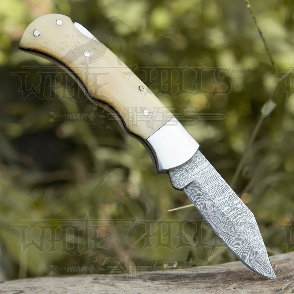 Handmade Damascus Pocket Knife - 6.5'' Back Lock Folding Knife Bone Handle - Camping Knife