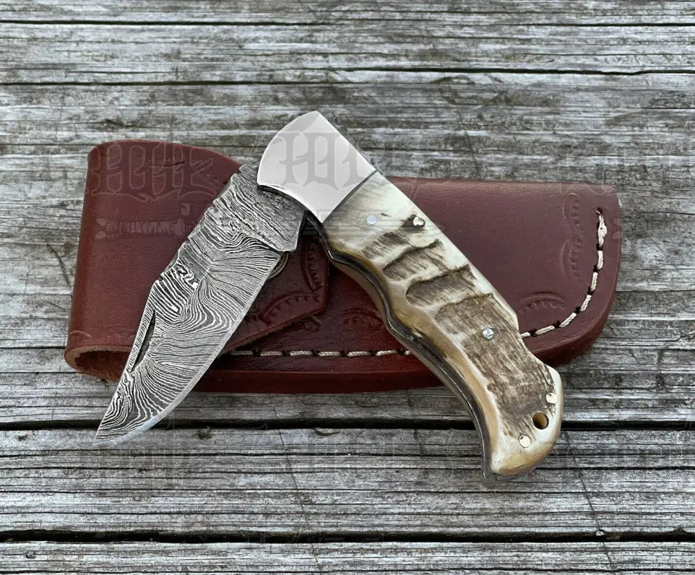 Handmade Damascus Pocket Knife - 6.5'' Back Lock Folding Knife Ram Horn Handle - Camping Knife