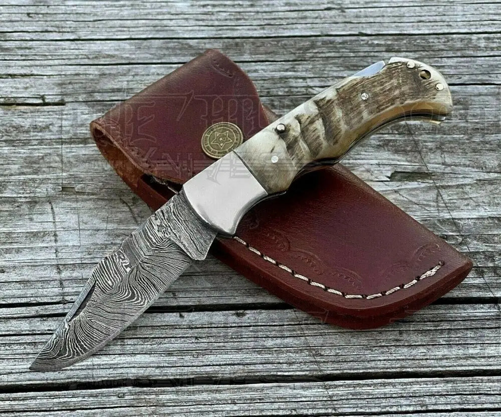 Handmade Damascus Pocket Knife - 6.5'' Back Lock Folding Knife Ram Horn Handle - Camping Knife