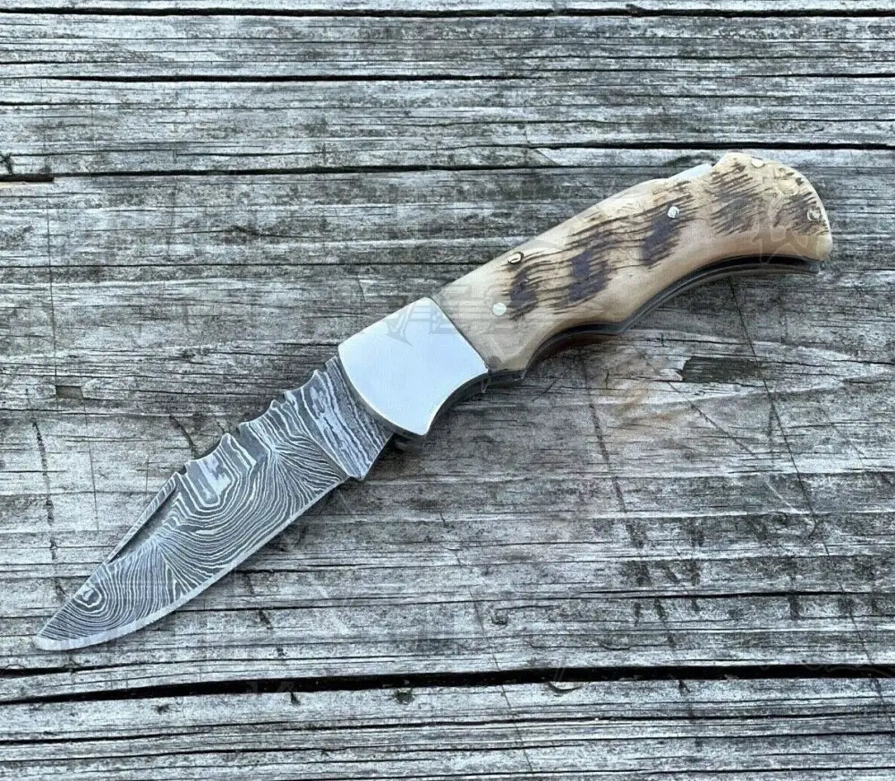 Handmade Damascus Pocket Knife - 6.5'' Back Lock Folding Knife Ram Horn Handle - Camping Knife