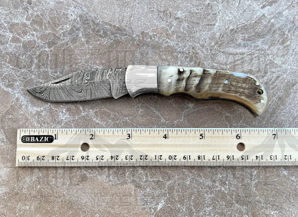 Handmade Damascus Pocket Knife - 6.5'' Back Lock Folding Knife Ram Horn Handle - Camping Knife