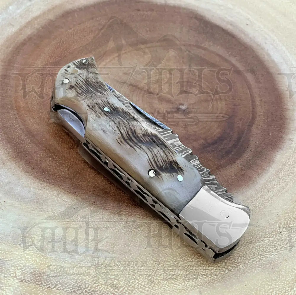 Handmade Damascus Pocket Knife - 6.5'' Back Lock Folding Knife Ram Horn Handle - Camping Knife