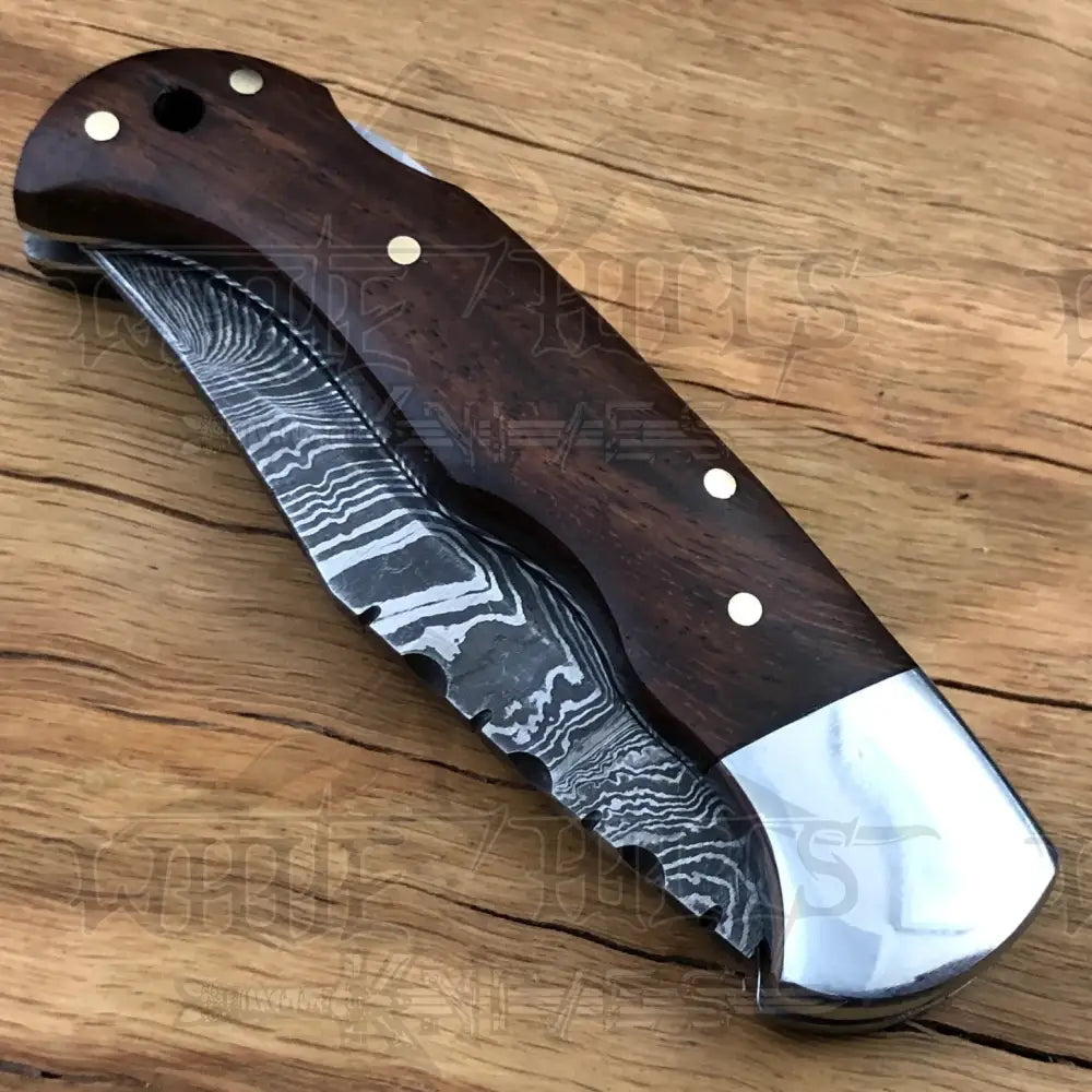 Handmade Damascus Pocket Knife - 6.5'' Back Lock Folding Knife Wood Handle - Camping Knife