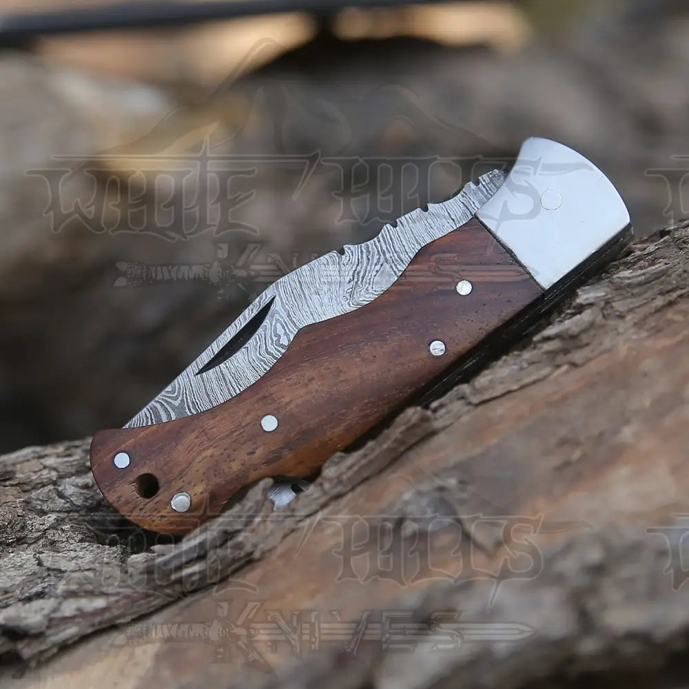 Handmade Damascus Pocket Knife - 6.5'' Back Lock Folding Knife Wood Handle - Camping Knife