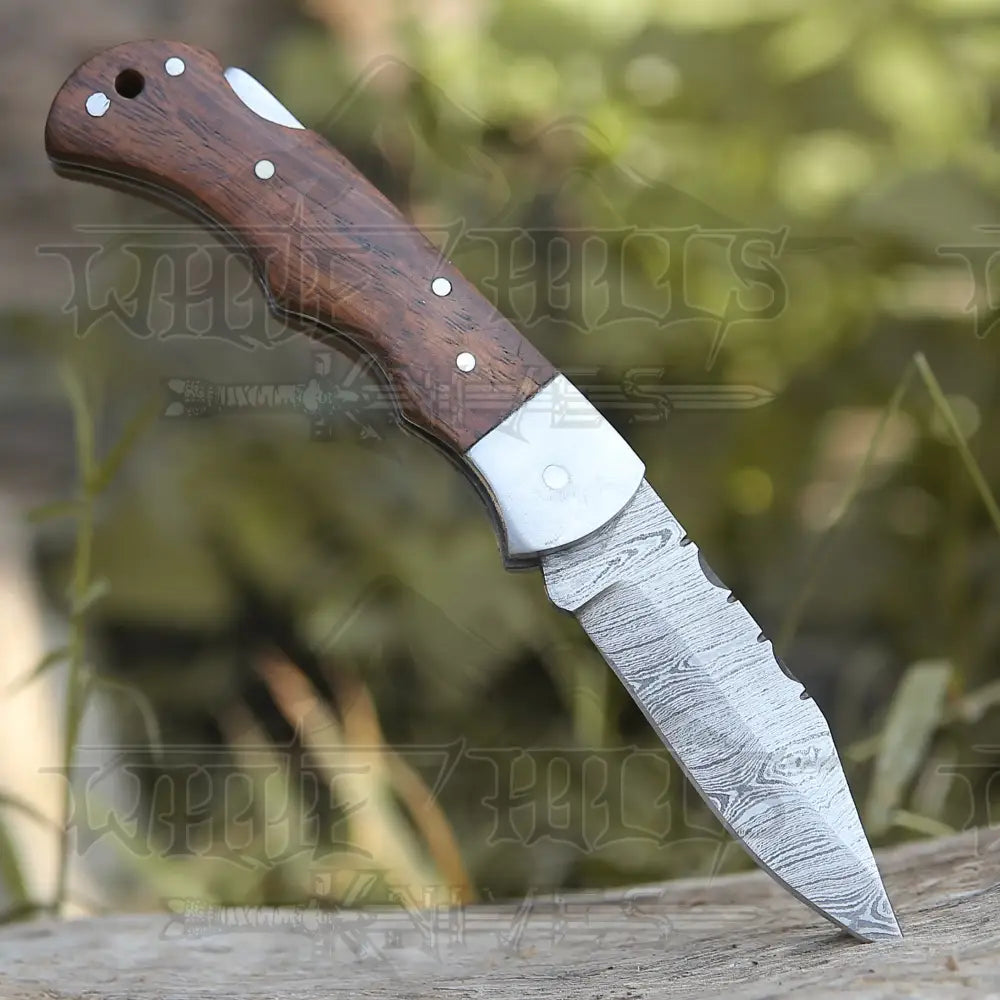 Handmade Damascus Pocket Knife - 6.5'' Back Lock Folding Knife Wood Handle - Camping Knife