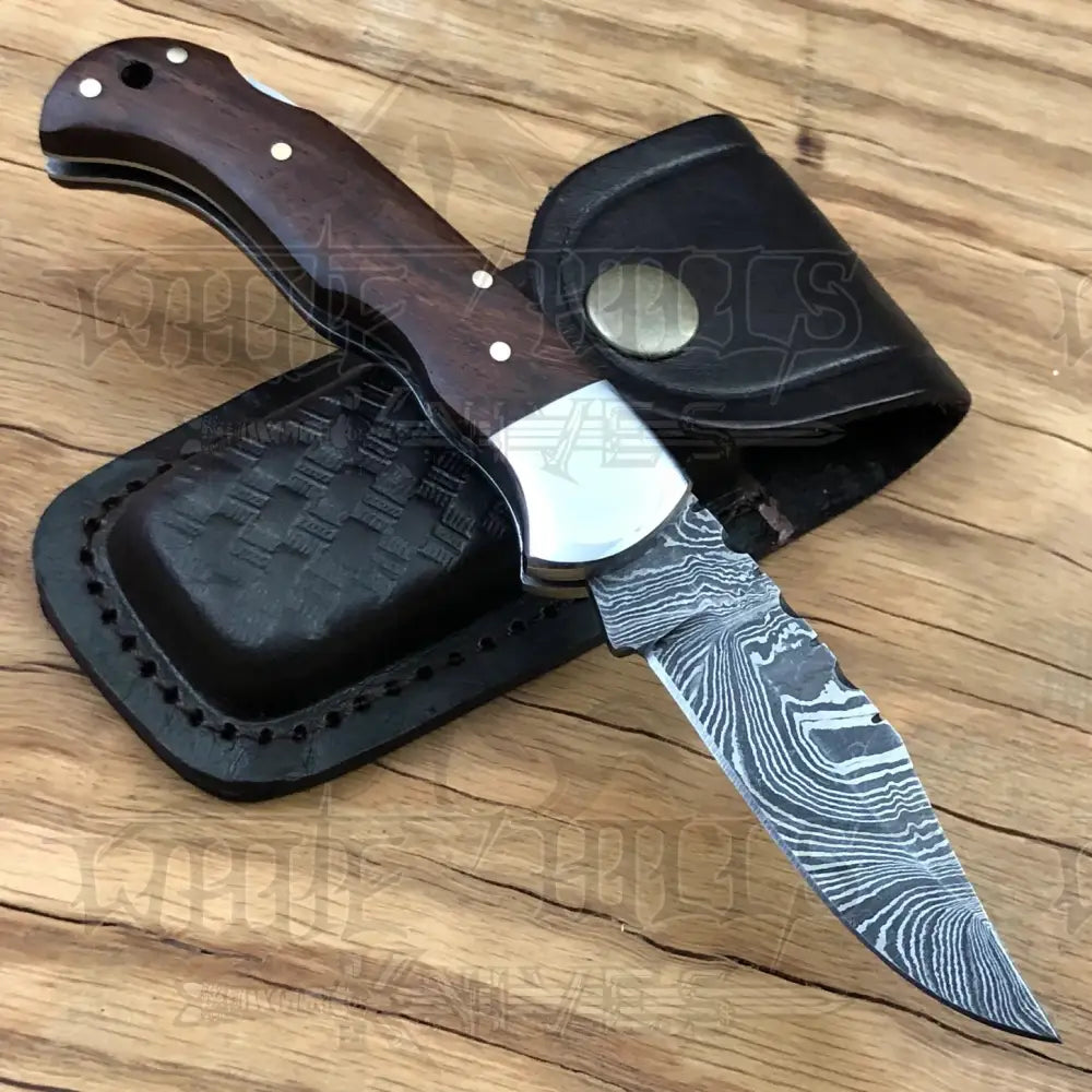 Handmade Damascus Pocket Knife - 6.5'' Back Lock Folding Knife Wood Handle - Camping Knife