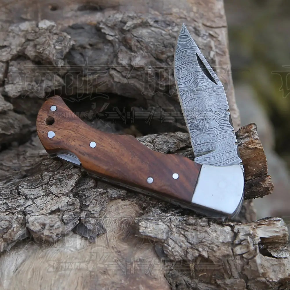 Handmade Damascus Pocket Knife - 6.5'' Back Lock Folding Knife Wood Handle - Camping Knife