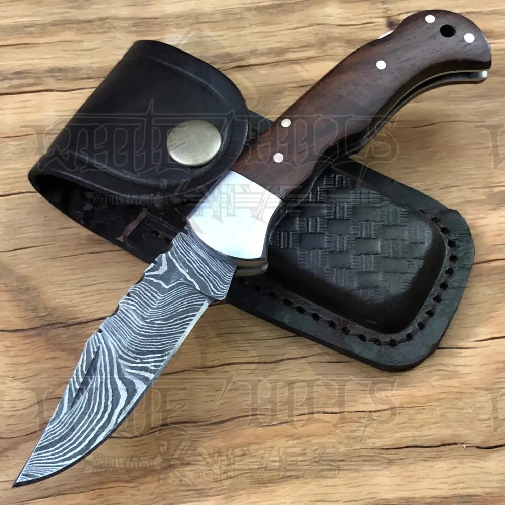 Handmade Damascus Pocket Knife - 6.5'' Back Lock Folding Knife Wood Handle - Camping Knife