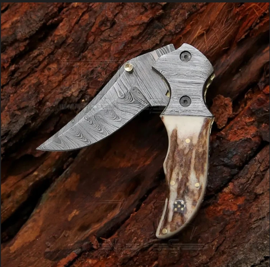 Handcrafted 7-inch Damascus pocket folding knife 