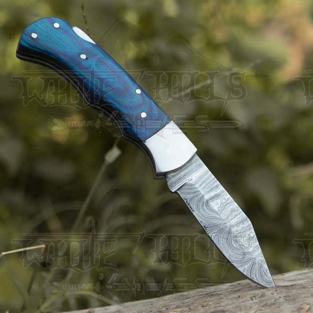 Handmade Damascus Rose Pocket Knife - 6.5'' Back Lock Folding and Camping Knife with Wood Handle