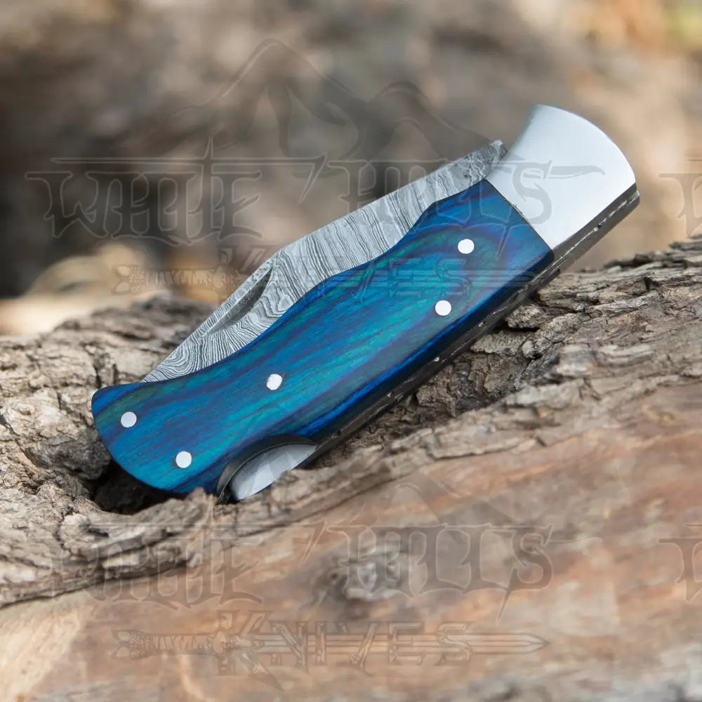 Handmade Damascus Rose Pocket Knife - 6.5'' Back Lock Folding and Camping Knife with Wood Handle