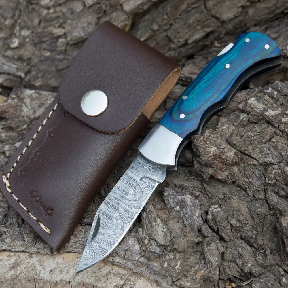 Handmade Damascus Rose Pocket Knife - 6.5'' Back Lock Folding and Camping Knife with Wood Handle