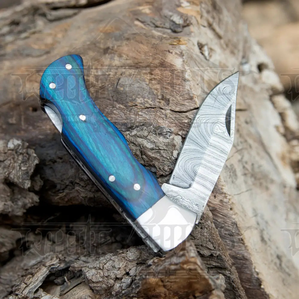 Handmade Damascus Rose Pocket Knife - 6.5'' Back Lock Folding and Camping Knife with Wood Handle