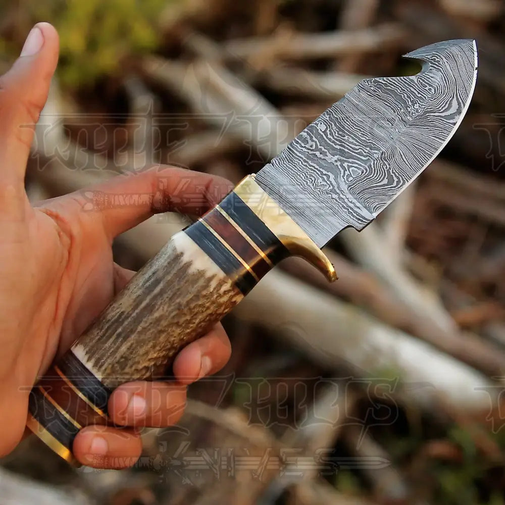 Handmade Damascus Steel Gut Hook Hunting Knife With Stag Handle WH 3738