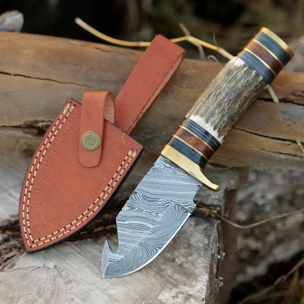 Handmade Damascus Steel Gut Hook Hunting Knife With Stag Handle WH 3738