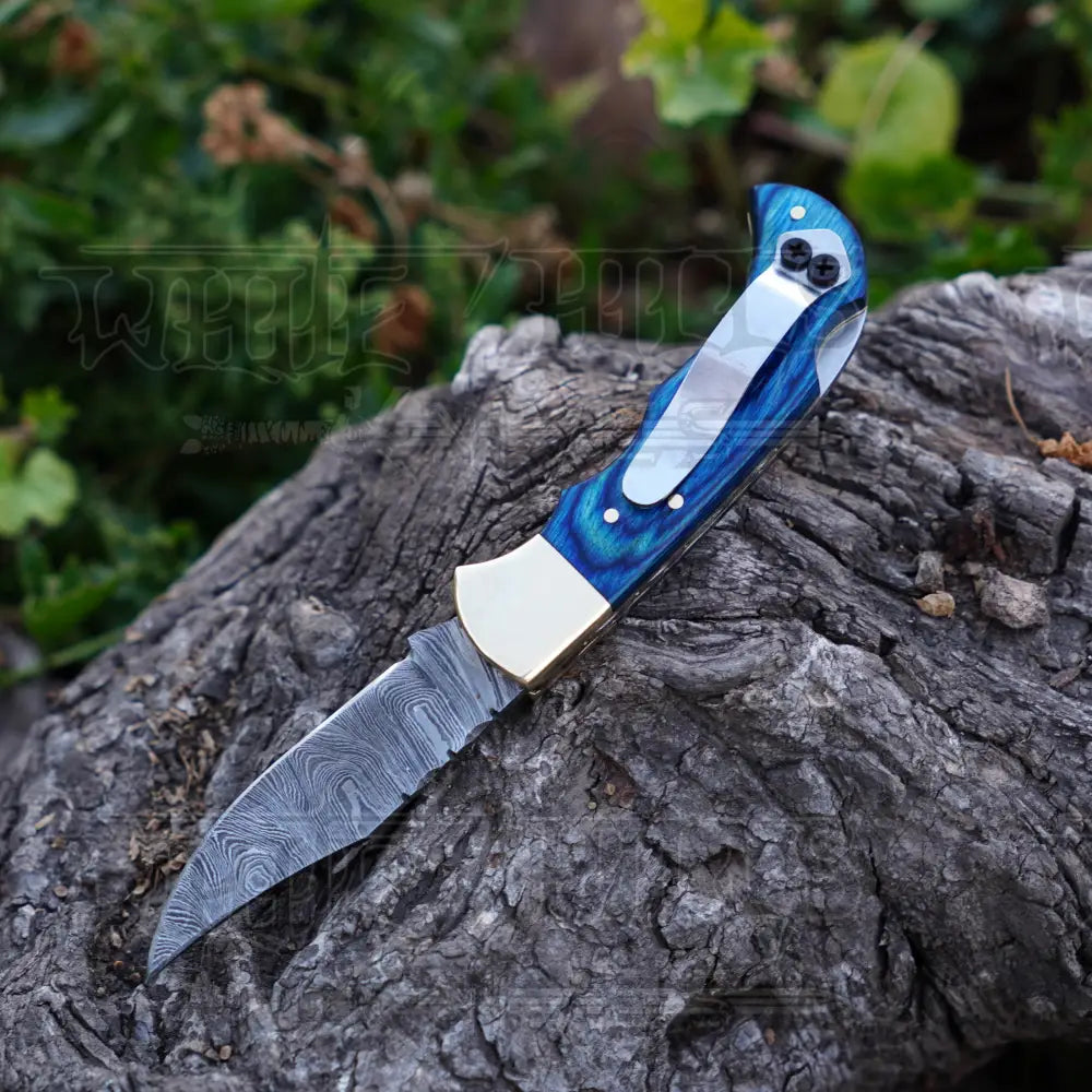 Handmade Damascus Steel Hunting Folding Knife with Pocket Clip - Camping Folding Blade With Blue Wood Handle WH 1256-CP