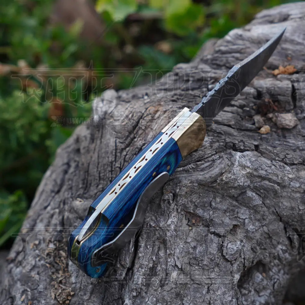 Handmade Damascus Steel Hunting Folding Knife with Pocket Clip - Camping Folding Blade With Blue Wood Handle WH 1256-CP