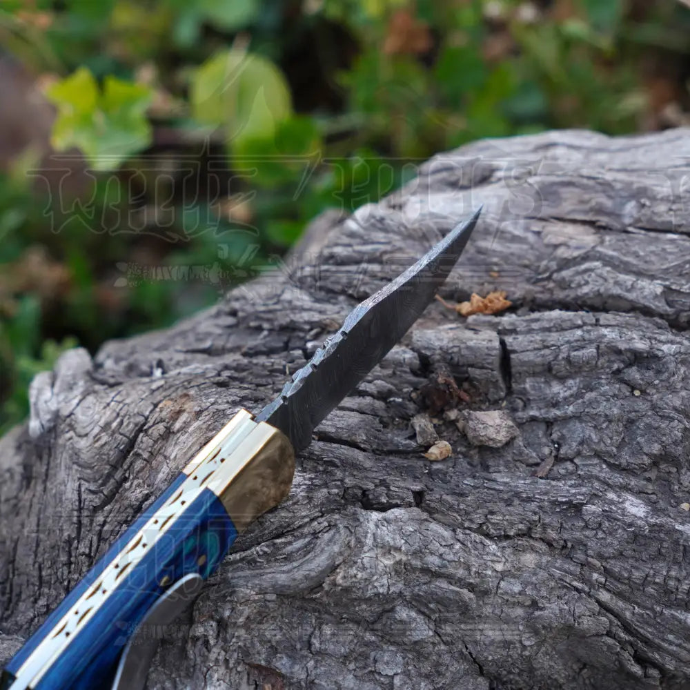 Handmade Damascus Steel Hunting Folding Knife with Pocket Clip - Camping Folding Blade With Blue Wood Handle WH 1256-CP