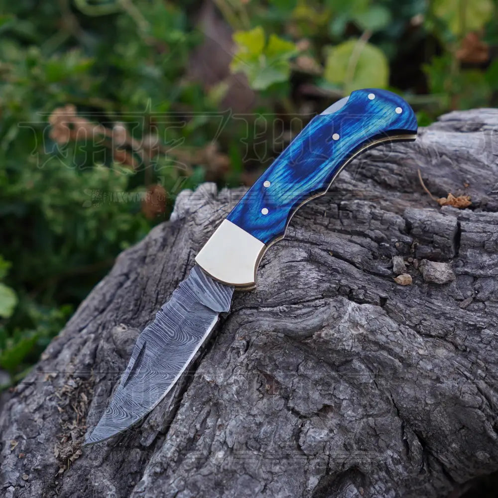 Handmade Damascus Steel Hunting Folding Knife with Pocket Clip - Camping Folding Blade With Blue Wood Handle WH 1256-CP