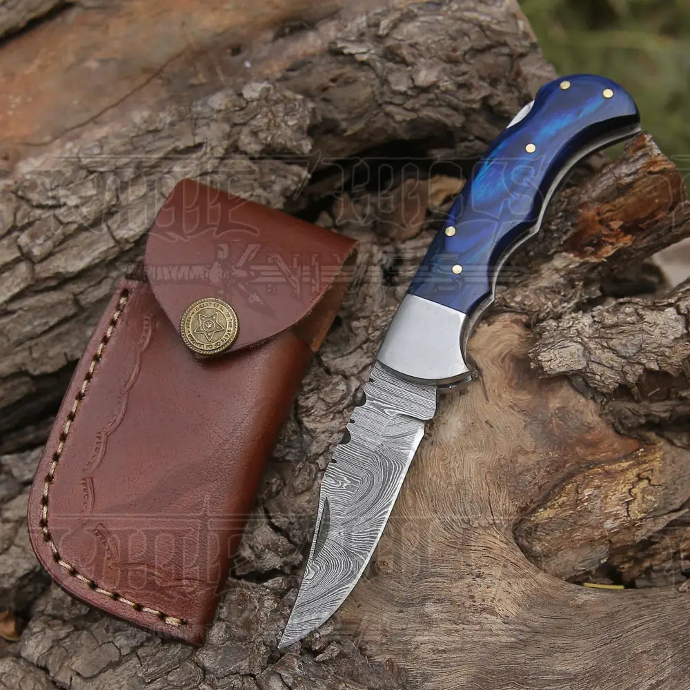 Handmade Damascus Steel Hunting Folding Knife with Pocket Clip - Camping Folding Blade With Wood Handle WH 5024