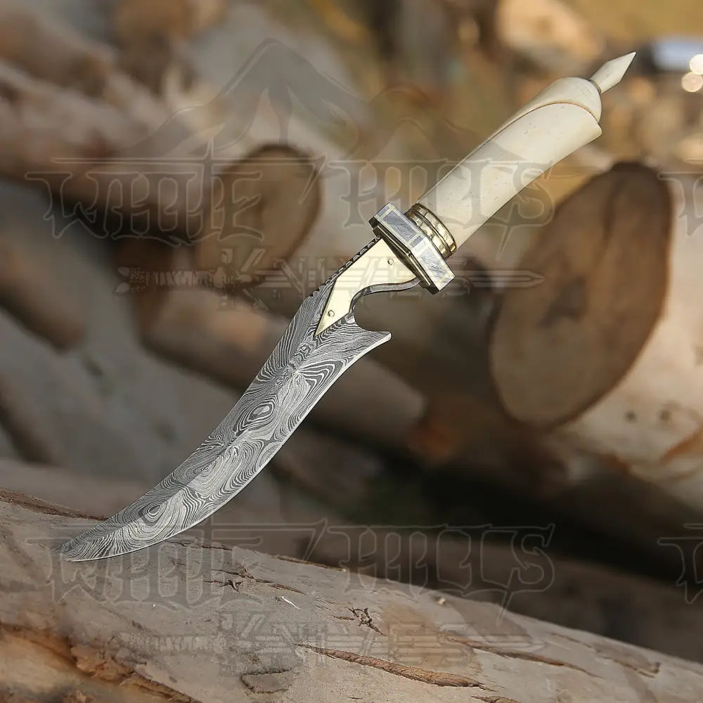 HANDMADE DAMASCUS STEEL HUNTING KNIFE - 15" Damascus Hunting KNIFE - Camel Bone Handle