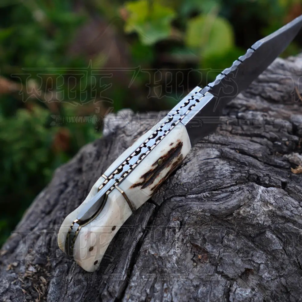 Handmade Damascus Steel Hunting Pocket Folding Knife with Pocket Clip - Camping Folding Blade With Bone & Wood Handle WH 3986-CP