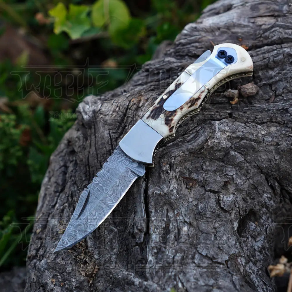 Handmade Damascus Steel Hunting Pocket Folding Knife with Pocket Clip - Camping Folding Blade With Bone & Wood Handle WH 3986-CP