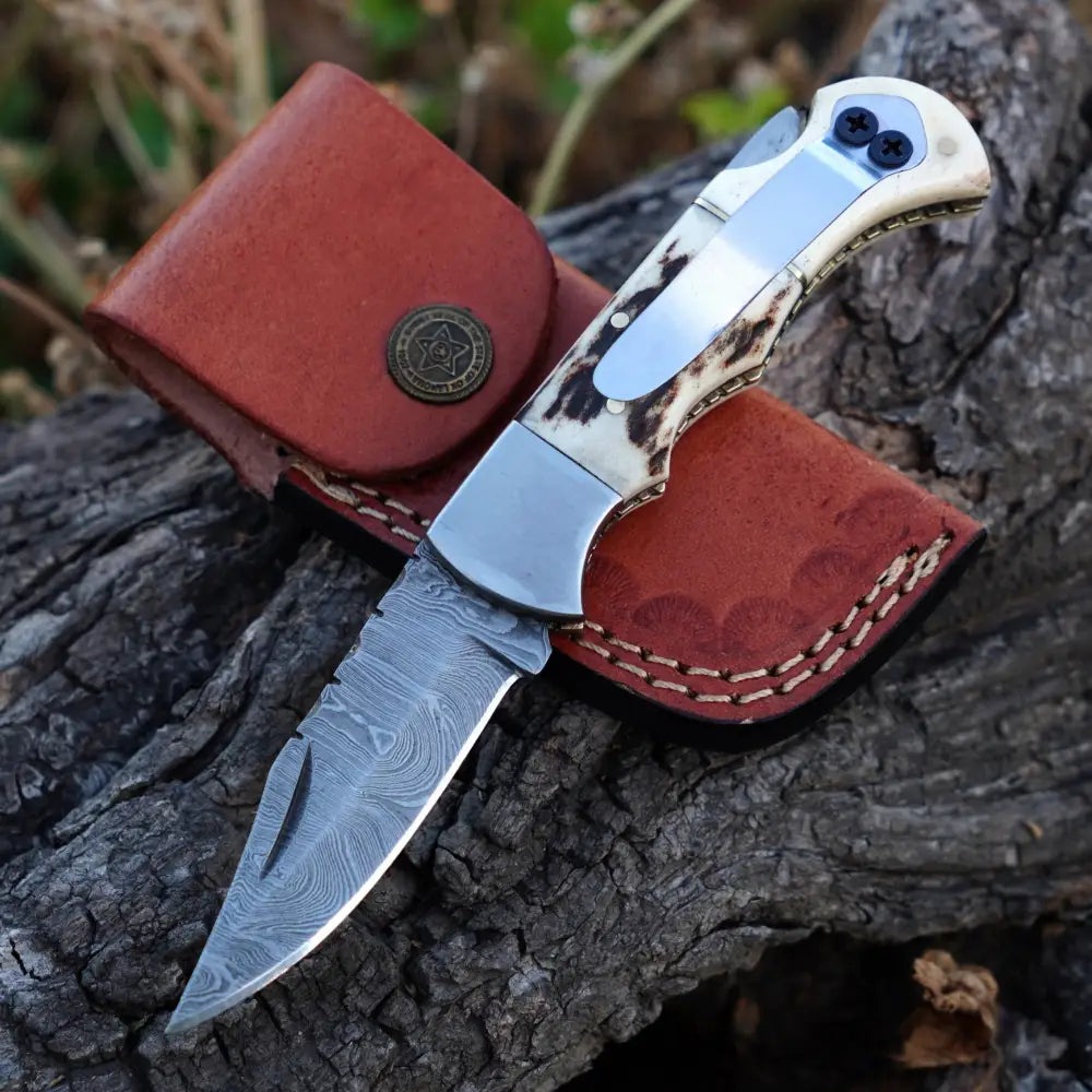 Hunting Pocket Knife with Bone & Wood Handle and Pocket Clip WH 3986